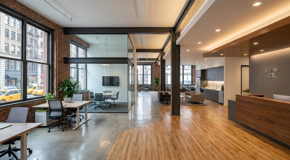 Renovated New York office interior with glass meeting rooms, desks, wood floors, and modern reception area