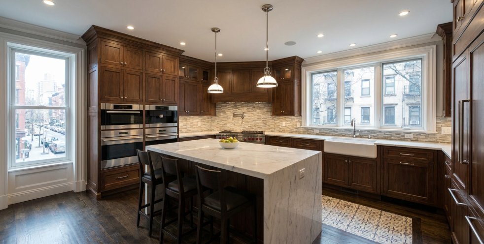 Renovated kitchen in a New York home with dark wood cabinets, marble island, and large windows